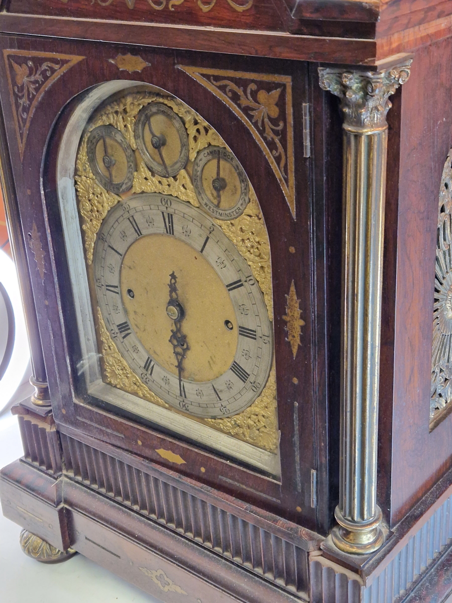 A 19th C. BRASS INLAID ROSEWOOD BRACKET CLOCK, THE MOVEMENT STRIKING ON A COILED ROD AND CHIMING - Image 7 of 17