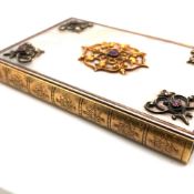 AN ANTIQUE LATE 19th CENTURY MOTHER OF PEARL AND GEMSET, GOLD MOUNTED NOTEBOOK HOLDER AND PROPELLING