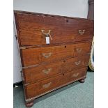 A 19th C. TEAK TWO PART CAMPAIGN CHEST WITH A SECRETAIRE DRAWER ABOVE THREE GRADED LONG DRAWERS,