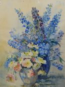 MARION BROOM (20th CENTURY ENGLISH SCHOOL) FLORAL STILL LIFE, SIGNED WATERCOLOUR. 77 x 56 cms