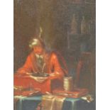 EARLY 19th C. SCHOOL, A MAN WEARING A TURBAN AT HIS WRITING DESK, OIL ON PANEL. 20 x 14.5cms.
