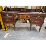 A 19th C. MAHOGANY SIDEBOARD, THE FRONT EDGE OF THE TOP WITH LINE INLAY, THE CENTRAL BOW FRONT