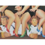 BERYL COOK (1926-2008), THREE LADIES DANCING ON A BAR ABOUT TWO MEN WITH BEER GLASSES, 61/850, A