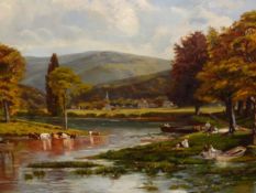 LATE 19th C. FRENCH SCHOOL, BATEAUX SUR LA MARNE WITH WATERING CATTLE AND A DISTANT VILLAGE, OIL