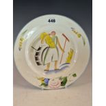 A RUSSIAN POTTERY PLATE PAINTED WITH A LADY WITH A RAKE HARVESTING, PRINTED AND PAINTED MARKS TO
