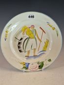 A RUSSIAN POTTERY PLATE PAINTED WITH A LADY WITH A RAKE HARVESTING, PRINTED AND PAINTED MARKS TO
