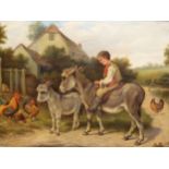 REUBEN HUNT (1879-1962), A BOY RIDING A DONKEY WITH ITS FOAL AND CHICKENS ABOUT HIM, OIL ON
