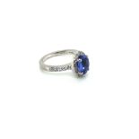 AN PLATINUM HALLMARKED TANZANITE AND DIAMOND RING. THE OVAL TANZANITE IN A RAISED FOUR CLAW SETTING