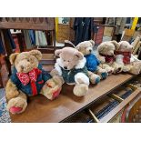 FIVE HARRODS CHRISTMAS BEARS MARKED ON THE PAWS FOR 1996, 1997, 1998, 2001 AND GILES FOR 2002
