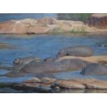 JOHN BYE (B. 1970), ARR, LIVING ROCKS, A GATHERING OF HIPPOPOTAMUS IN A RIVER, OIL ON CANVAS, SIGNED