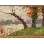 P BARNICCI (CIRCA 1900), TWO FIGURES IN A BOAT VIEWED FROM A TREE LINED RIVER BACK,