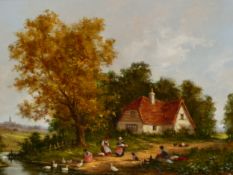 GUDRUN SIBBONS (B. 1925), ARR. FEEDING GEESE AT A FORD BY A COTTAGE, OIL ON BOARD, SIGNED LOWER