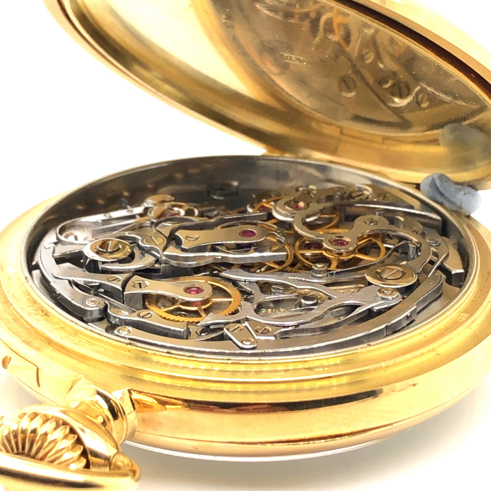 A PATEK PHILIPPE 18ct GOLD OPEN FACE FLYBACK CHRONOGRAPH POCKET WATCH WITH WHITE ENAMEL DIAL. THE - Image 17 of 23