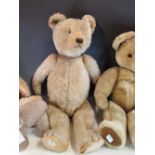 THREE VINTAGE TEDDY BEARS TOGETHER WITH A DEANS RAG DOLL DONKEY, THE LARGEST. H 65cms.