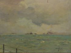 LEOPOLD PASCAL (1900-58), ARR, WARSHIPS AT SEA, OIL ON CANVAS, SIGNED PASCAL ABOVE AN ANCHOR LOWER