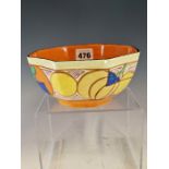 A CLARICE CLIFF PICASSO FRUIT MELON PATTERN OCTAGONAL BOWL. W 15.5cms.