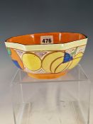 A CLARICE CLIFF PICASSO FRUIT MELON PATTERN OCTAGONAL BOWL. W 15.5cms.