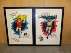 A PAIR OF 1966 COLOURED PRINTS OF BATMAN AND OF ROBIN WITH ACTION SOUNDS AND VIGNETTTES OF