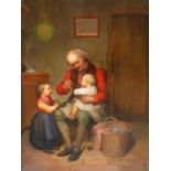 19th C. EUROPEAN SCHOOL, A GRANDFATHER FEEDING THE BABY ON HIS KNEE, OIL ON PANEL, INSCRIBED VERSO