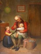 19th C. EUROPEAN SCHOOL, A GRANDFATHER FEEDING THE BABY ON HIS KNEE, OIL ON PANEL, INSCRIBED VERSO