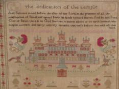 HANNAH BELLS 1823 SAMPLER WORKED WITH A PARAGRAPH WITH THE TITLE THE DEDICATION OF THE TEMPLE