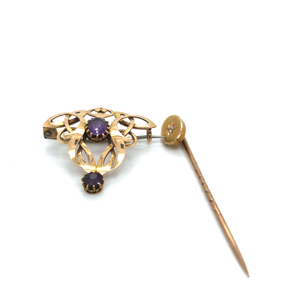 AN ART NOUVEAU STYLE GEM SET BROOCH AND A DIAMOND SET STICK PIN. BOTH STAMPED 15ct AND ASSESSED AS - Image 3 of 3