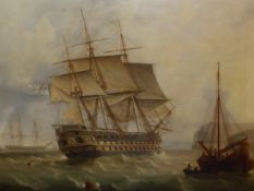 JAMES EDWARD BUTTERWORTH (1817-94), WARSHIPS IN FULL SAIL OFF SHORE, OIL ON CANVAS, SIGNED LOWER