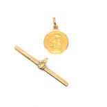 A T-BAR PENDANT, STAMPED 18ct & PT, ASSESSED AS 18ct GOLD AND PLATINUM, TOGETHER WITH A RELIGIOUS