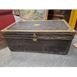 A 19th C. BRASS CLOSE NAILED LEATHER MOUNTED CAMPHOR WOOD TRUNK. W 93.5 x D 47 x H 41cms.