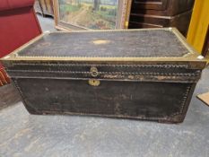 A 19th C. BRASS CLOSE NAILED LEATHER MOUNTED CAMPHOR WOOD TRUNK. W 93.5 x D 47 x H 41cms.