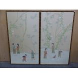 A PAIR OF DE GOURNAY PANELS ON SILK WITH CHINOISERIE DECORATION OF CHILDREN BELOW BAMBOO ENTWINED