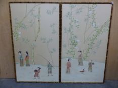 A PAIR OF DE GOURNAY PANELS ON SILK WITH CHINOISERIE DECORATION OF CHILDREN BELOW BAMBOO ENTWINED