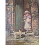 VICTORIAN SCHOOL, A PAIR DEPICTING CHILDREN WITH CATS, BY A DOOR OF A COTTAGE AND INSIDE, OIL ON