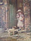VICTORIAN SCHOOL, A PAIR DEPICTING CHILDREN WITH CATS, BY A DOOR OF A COTTAGE AND INSIDE, OIL ON