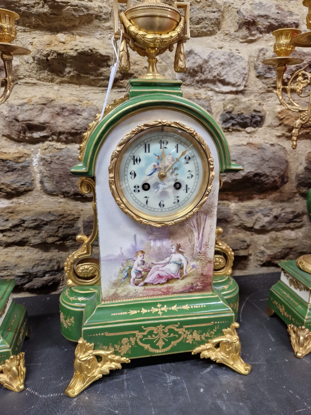 A LATE 19th/EARLY 20th C. FRENCH APPLE GREEN AND GILT PORCELAIN CLOCK GARNITURE, THE CLOCK WITH - Image 4 of 8