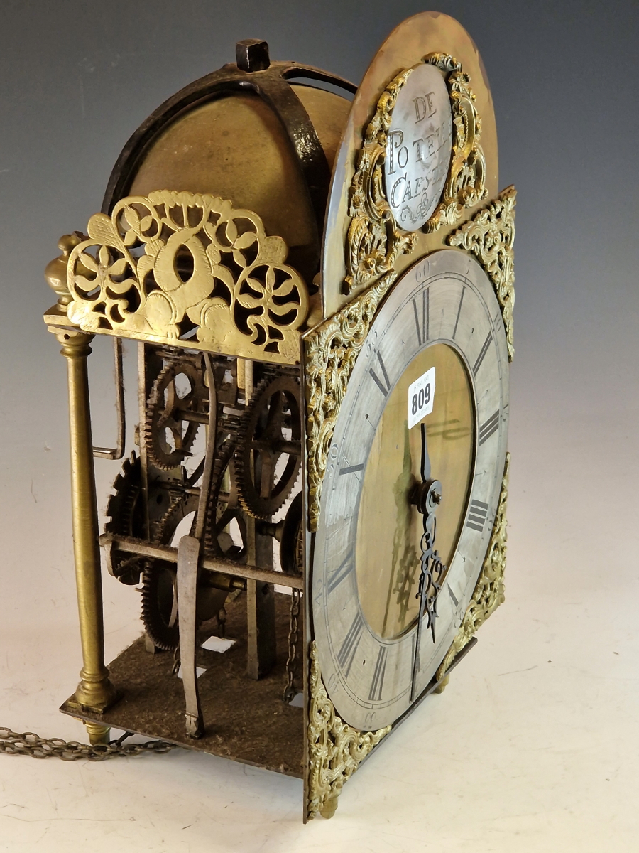 A LANTERN / SHELF CLOCK, THE PENDULUM MOVEMENT COUNTWHEEL STRIKING ON A BELL, A SILVERED ROUNDEL IN - Image 2 of 4