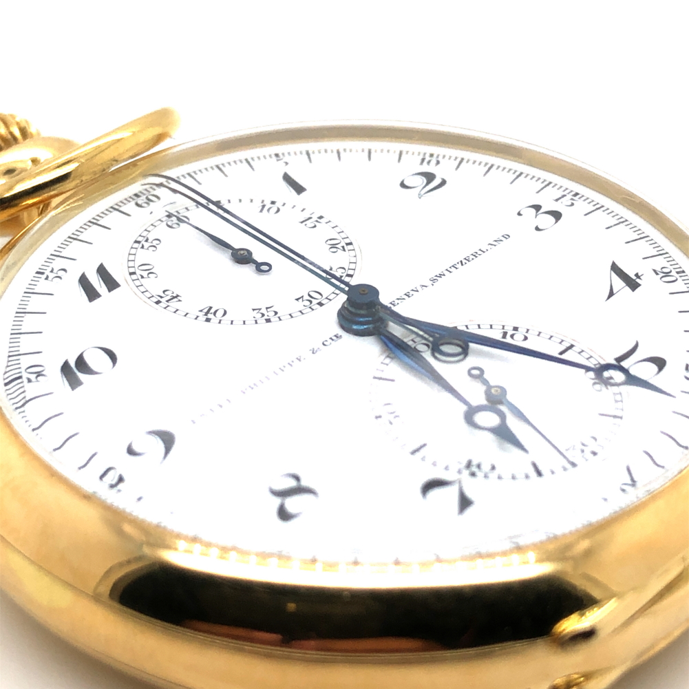 A PATEK PHILIPPE 18ct GOLD OPEN FACE FLYBACK CHRONOGRAPH POCKET WATCH WITH WHITE ENAMEL DIAL. THE - Image 15 of 23