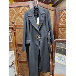 A KAREN MILLEN LADIES LONG BLACK COAT WITH BELT SIZE 16.\