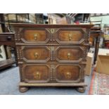 AN 18th C. AND LATER OAK CHEST OF THREE GRADED LONG DRAWERS EACH WITH BRASS DROP HANDLES SET WITHIN