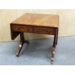 AN EARLY 19th C. ROSEWOOD CROSS BANDED MAHOGANY SOFA TABLE, THE TWO DRAWERS TO ONE END WITH LINE