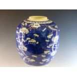 A CHINESE BLUE AND WHITE JAR PAINTED WITH CHERRY BLOSSOMS ON A BLUE GROUND. H 30cms.