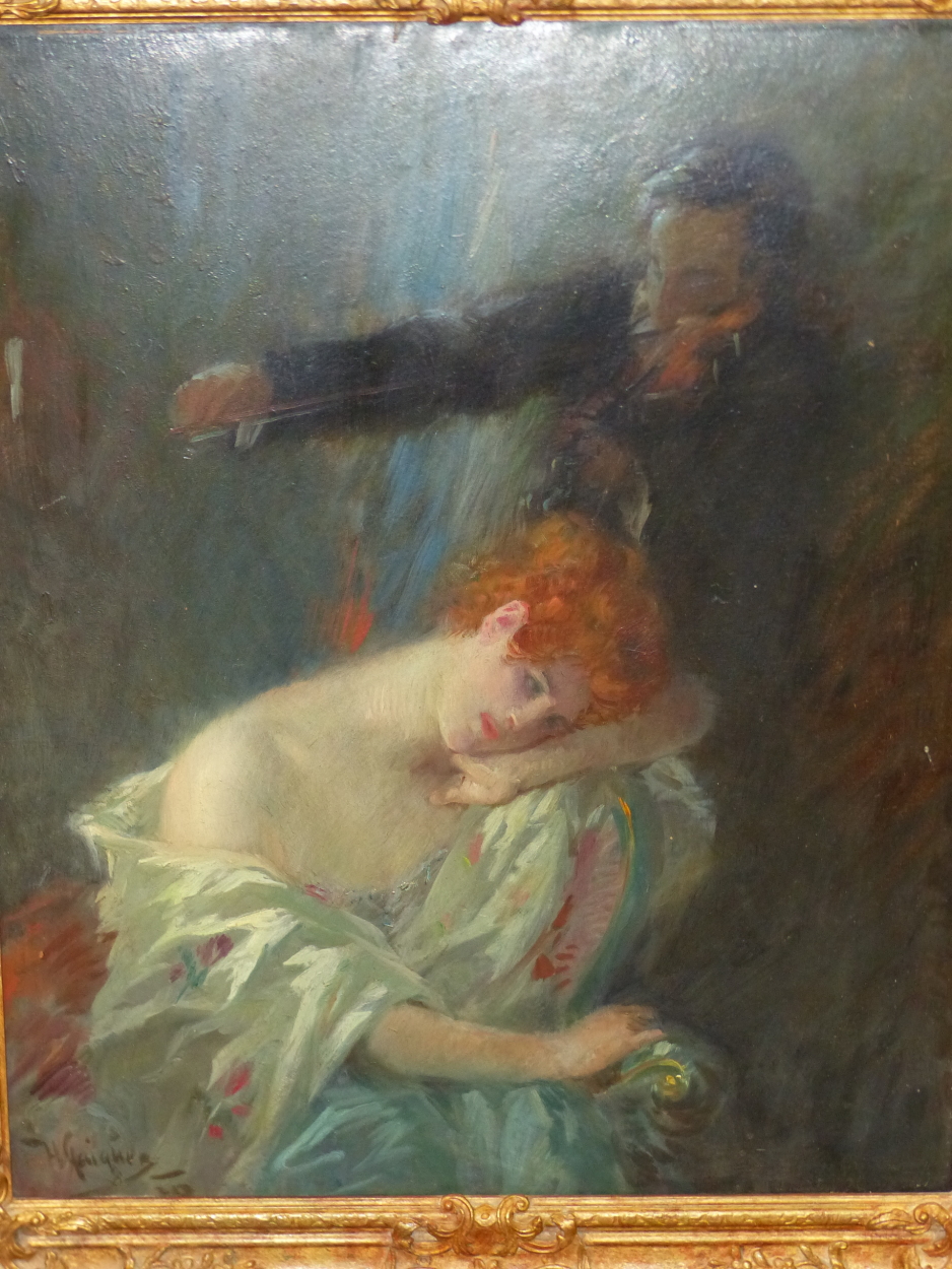 HORAZIO GAIGHER (AUSTRO-ITALIAN 1870-1938), A VIOLINIST PLAYING TO A SEATED RED HAIRED LADY, OIL - Image 2 of 10