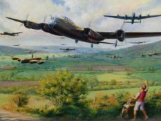 MICHAEL STRIDE (B. 1943), ARR. LANCASTER BOMBERS FLYING UP THE AXE VALLEY IN 1942, ACRYLIC ON BOARD,