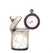 AN ANTIQUE MINIATURE LADIES CONTINENTAL SILVER AND GUILLOCHE ENAMEL FOB WATCH, TOGETHER WITH A
