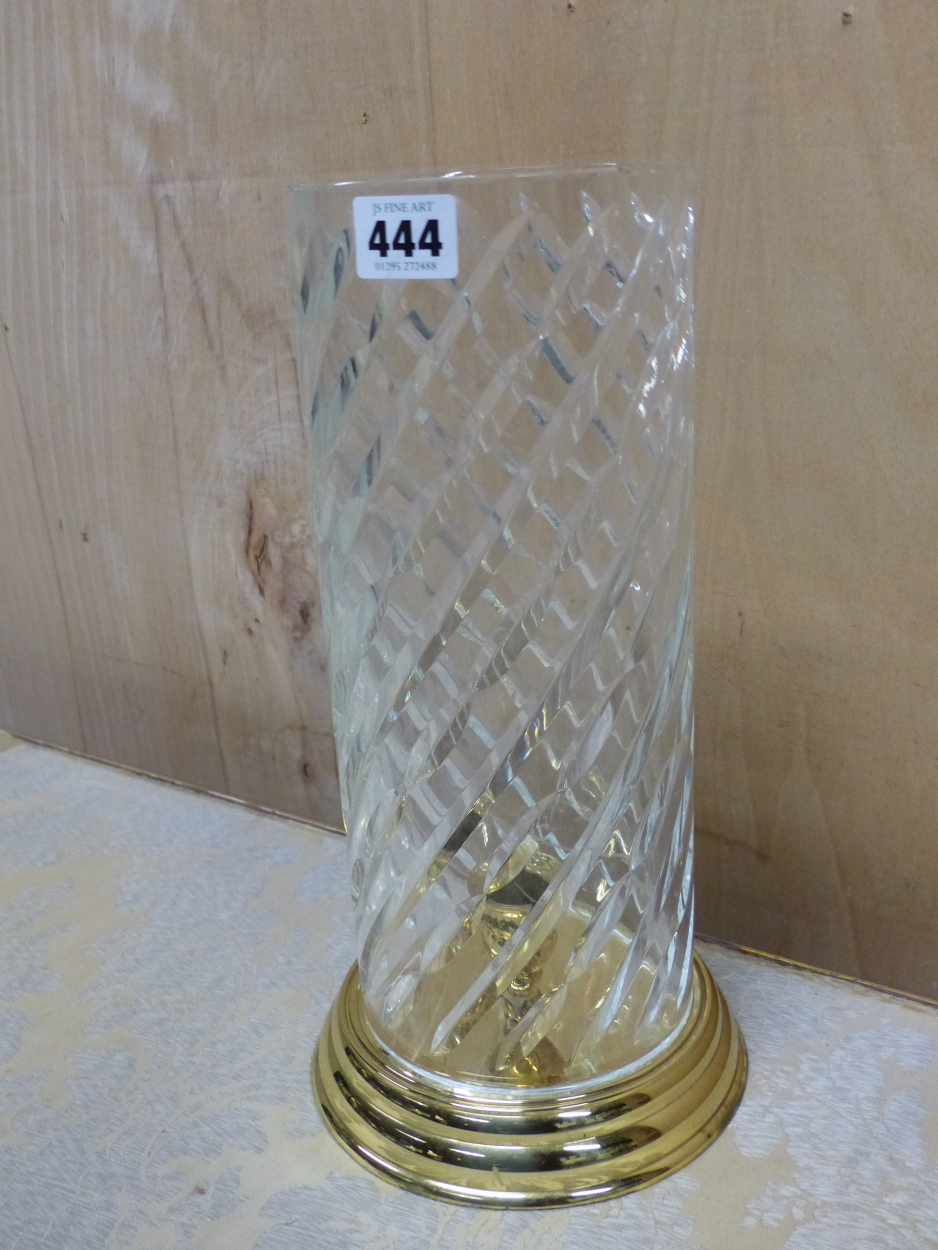 A BRASS CANDLESTICK WITH WATERFORD CYLINDRICAL CUT GLASS STORM SHADE. H 32.5cms. - Image 2 of 5