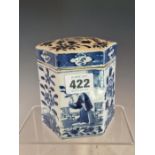 A CHINESE BLUE AND WHITE JAR AND COVER, THE PANELS OF THE HEXAGONAL SIDES PAINTED WITH LADIES