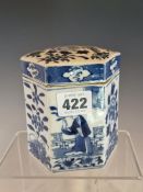 A CHINESE BLUE AND WHITE JAR AND COVER, THE PANELS OF THE HEXAGONAL SIDES PAINTED WITH LADIES