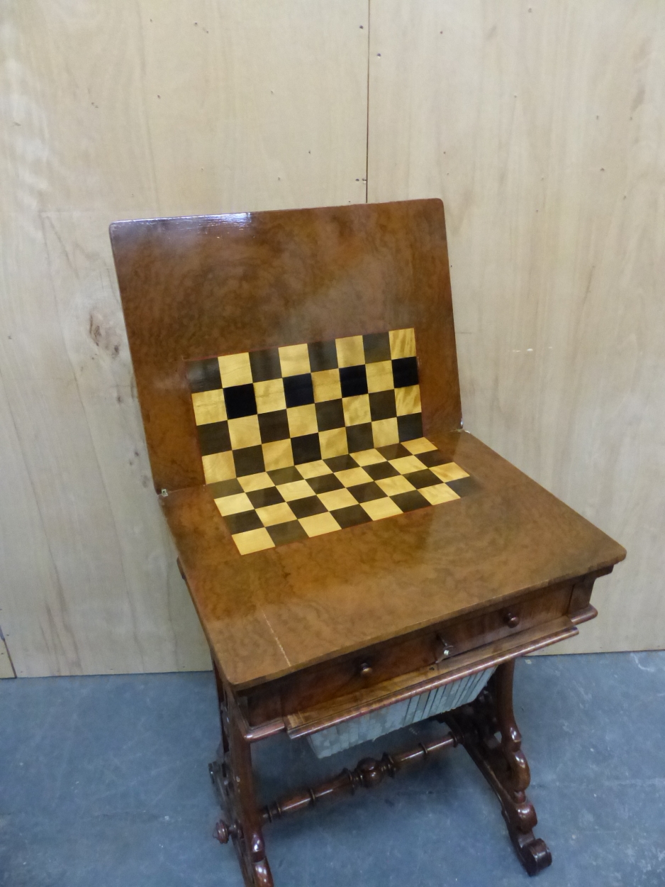 A VICTORIAN BURR WALNUT WORK TABLE WITH A CHESS BOARD INLAID SWIVEL TOP OVER A FITTED DRAWER AND - Image 3 of 5