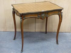 A 19th C. FRENCH KINGWOOD PARQUETRY TABLE, THE TOP WITH A DIAMOND DICED PATTERN WITHIN CROSS BANDING