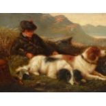 LATE 19th C. SCHOOL, A SCOTSMAN RECLINING IN HEATHER WITH TWO SPANIELS AND A GAME BASKET, OIL ON